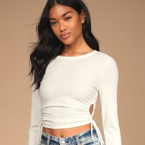 Lulu's Feeling Lucky White Drawstring Ruched Cutout Long Sleeve Top - Small